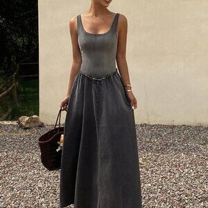 Grey Casual Women's U-Neck Ruffle Trim Cinched Waist Denim A-Line Dress